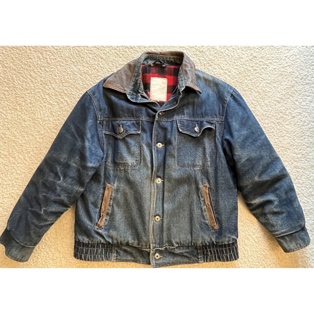Vintage Haggar Wool Lined Leather Collar Insulated Warm Denim Jean Jacket Men XL